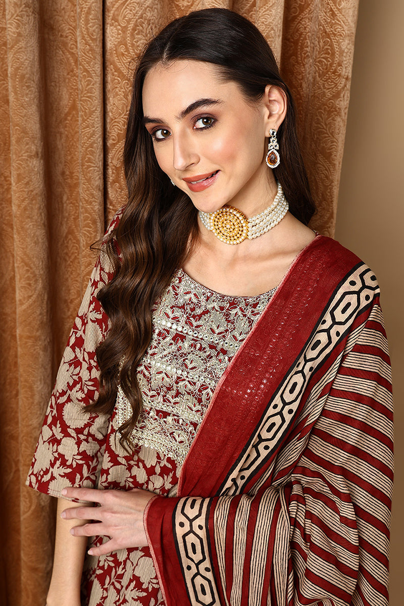Maroon Rayon Blend Embroidered Floral Printed Straight Suit Set | SHOBITAM