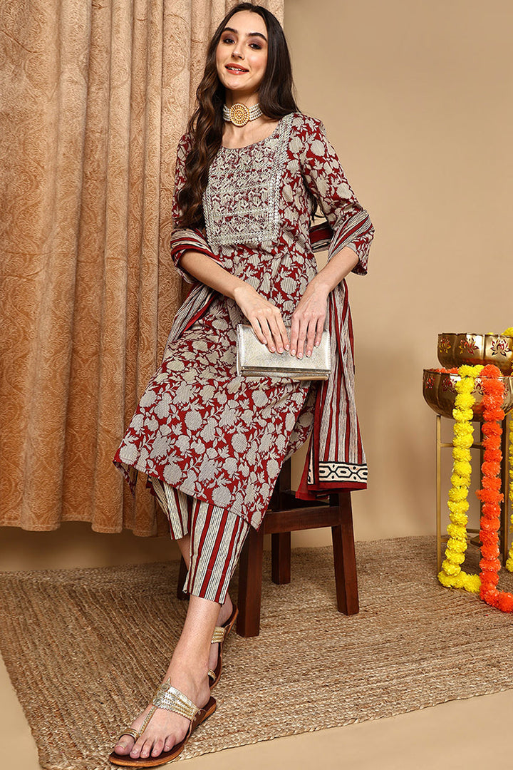 Maroon Rayon Blend Embroidered Floral Printed Straight Suit Set | SHOBITAM