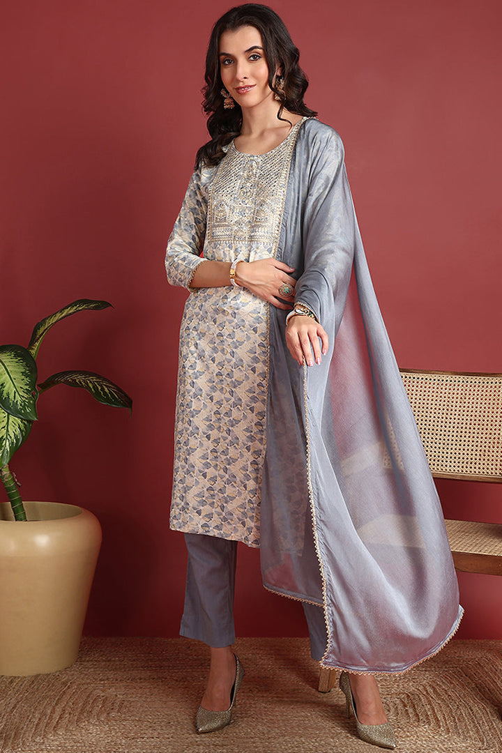 Grey Viscose Rayon Abstract Embroidered Straight Suit Set | SHOBITAM