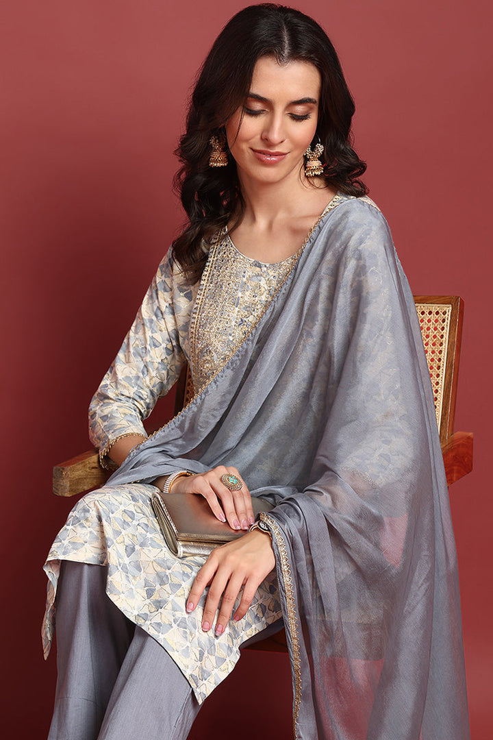 Grey Viscose Rayon Abstract Embroidered Straight Suit Set | SHOBITAM