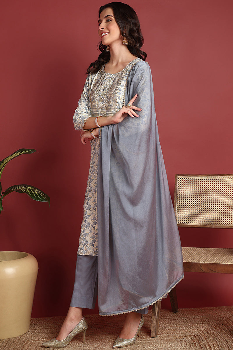 Grey Viscose Rayon Abstract Embroidered Straight Suit Set | SHOBITAM