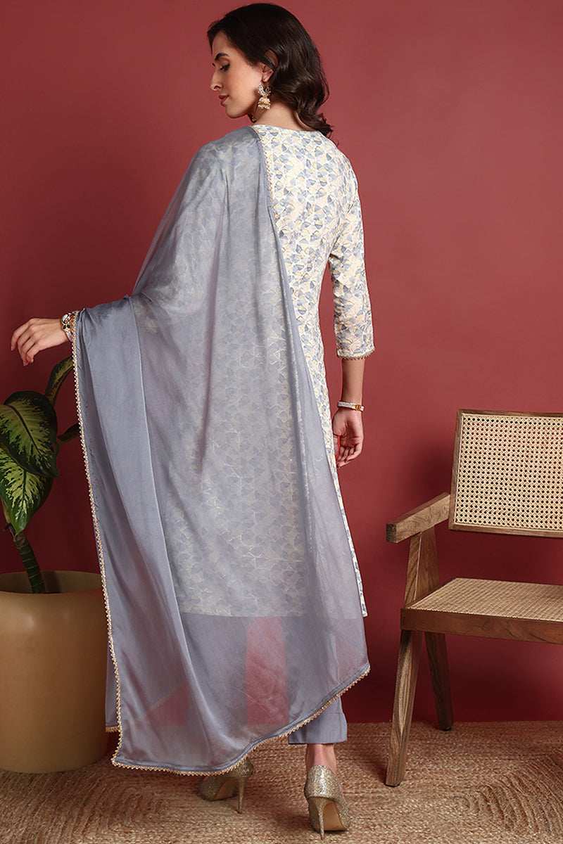 Grey Viscose Rayon Abstract Embroidered Straight Suit Set | SHOBITAM
