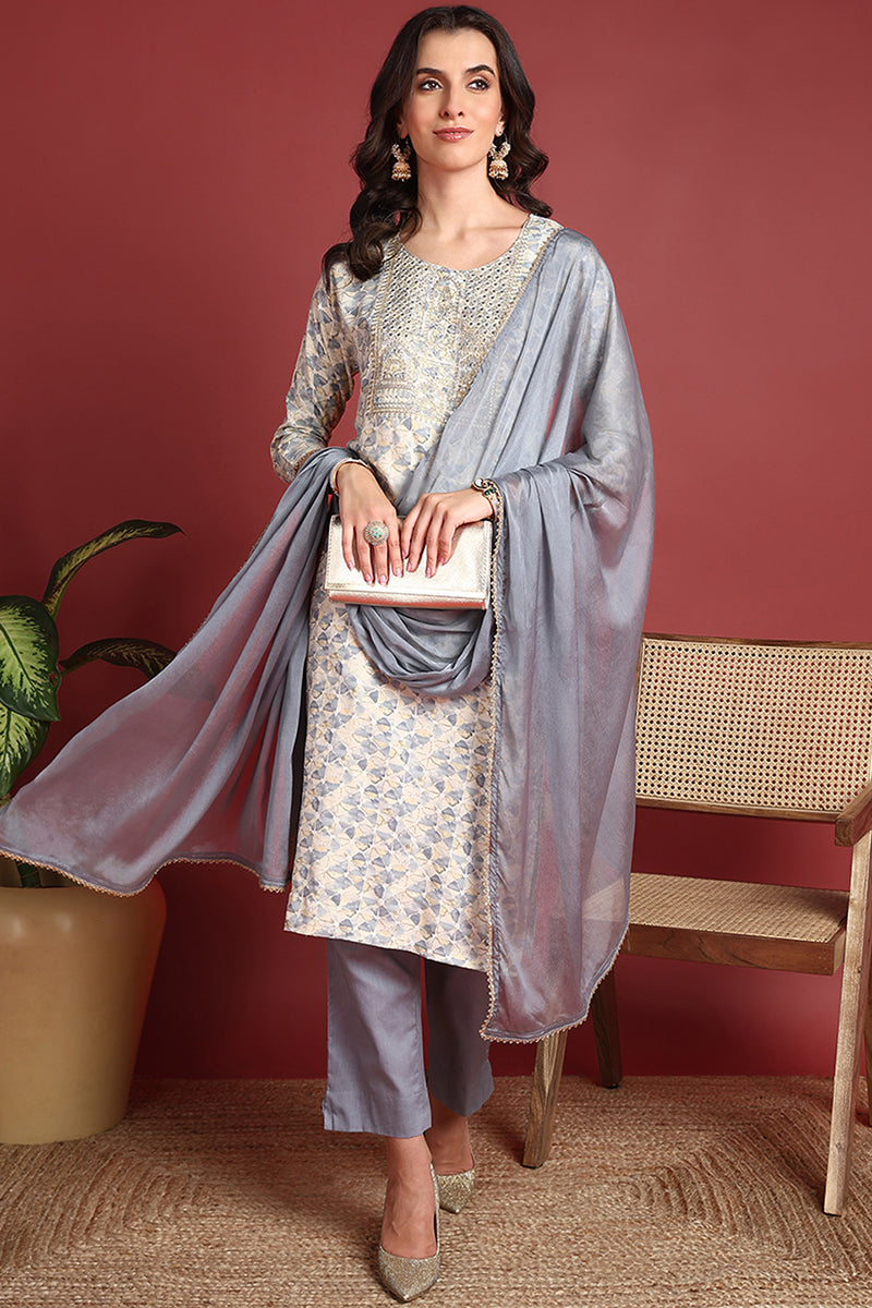 Grey Viscose Rayon Abstract Embroidered Straight Suit Set | SHOBITAM
