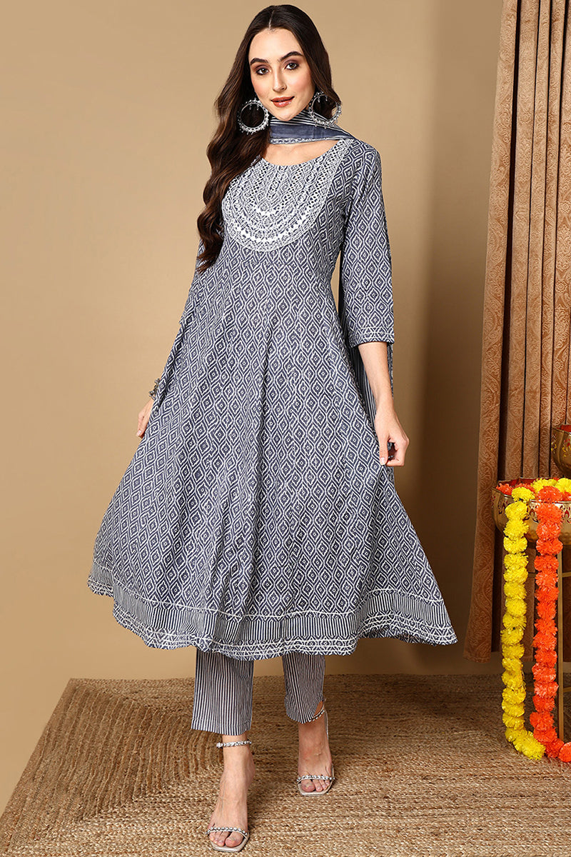 Grey Rayon Blend Geometric Printed A-Line Suit Set | SHOBITAM