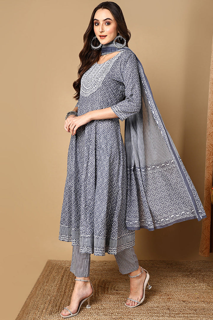Grey Rayon Blend Geometric Printed A-Line Suit Set | SHOBITAM
