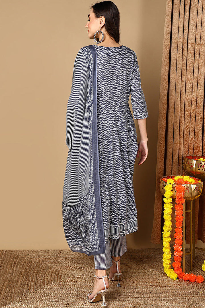 Grey Rayon Blend Geometric Printed A-Line Suit Set | SHOBITAM