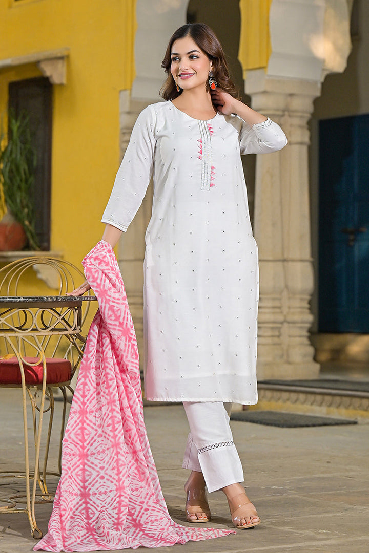 Pink Rayon Blend Solid Embroidered Straight Suit Set | SHOBITAM
