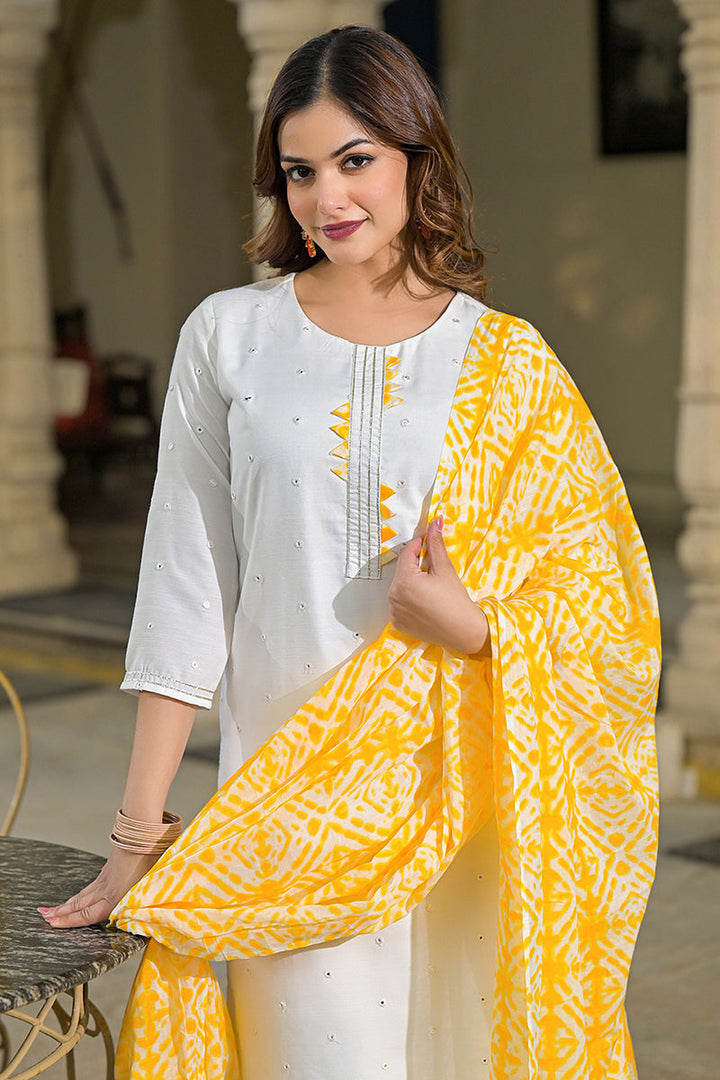 Yellow Rayon Blend Solid Embroidered Straight Suit Set | SHOBITAM