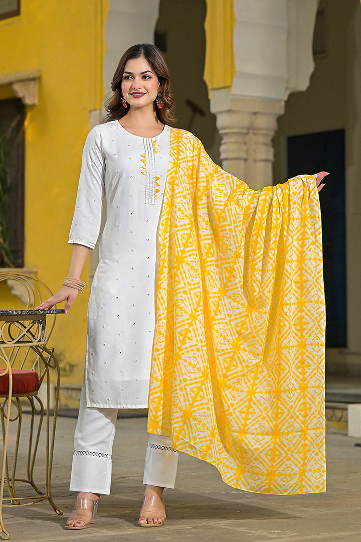 Yellow Rayon Blend Solid Embroidered Straight Suit Set | SHOBITAM
