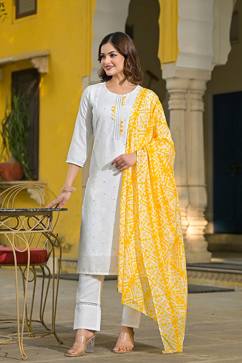 Yellow Rayon Blend Solid Embroidered Straight Suit Set | SHOBITAM
