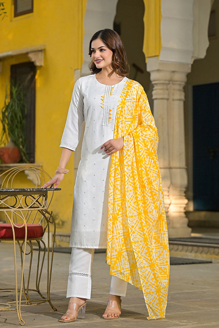Yellow Rayon Blend Solid Embroidered Straight Suit Set | SHOBITAM