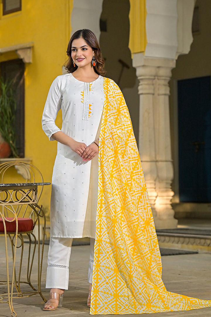 Yellow Rayon Blend Solid Embroidered Straight Suit Set | SHOBITAM