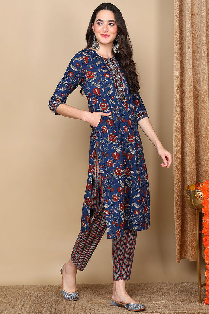 Blue Rayon Blend Floral Printed Straight Trouser Bottom Suit Set | SHOBITAM