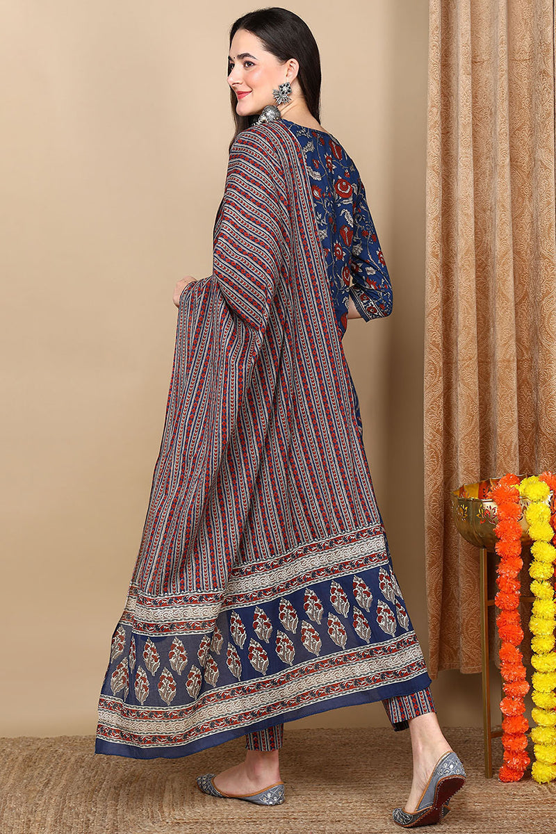 Blue Rayon Blend Floral Printed Straight Trouser Bottom Suit Set | SHOBITAM