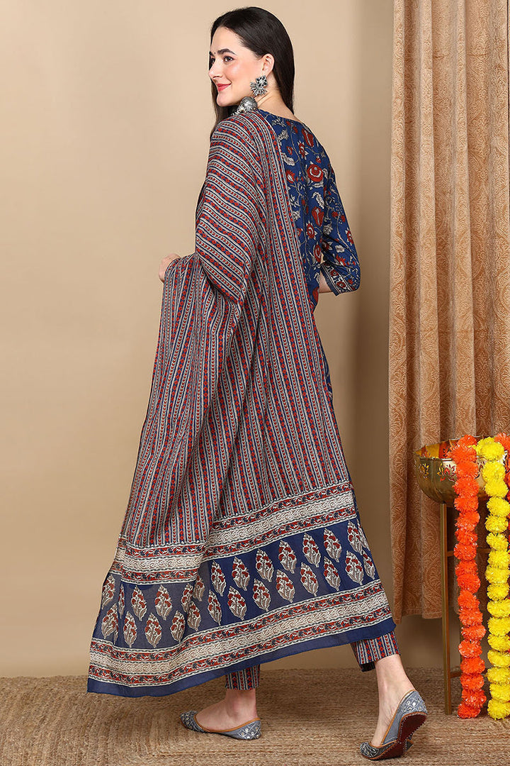 Blue Rayon Blend Floral Printed Straight Trouser Bottom Suit Set | SHOBITAM