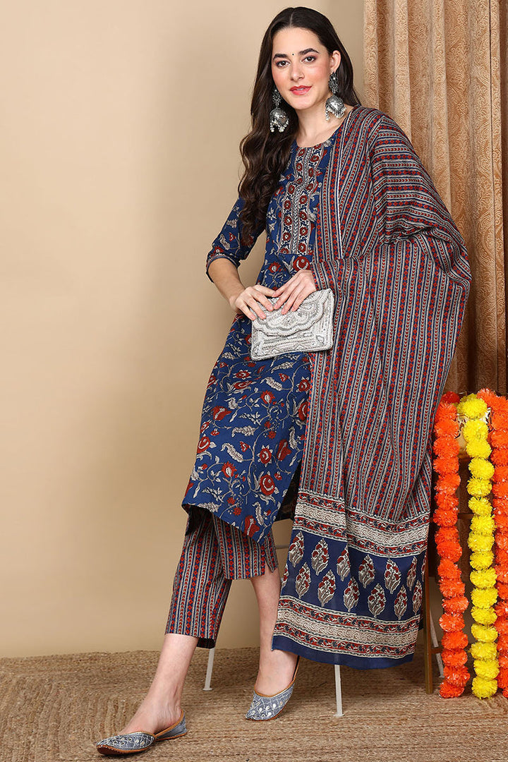 Blue Rayon Blend Floral Printed Straight Trouser Bottom Suit Set | SHOBITAM
