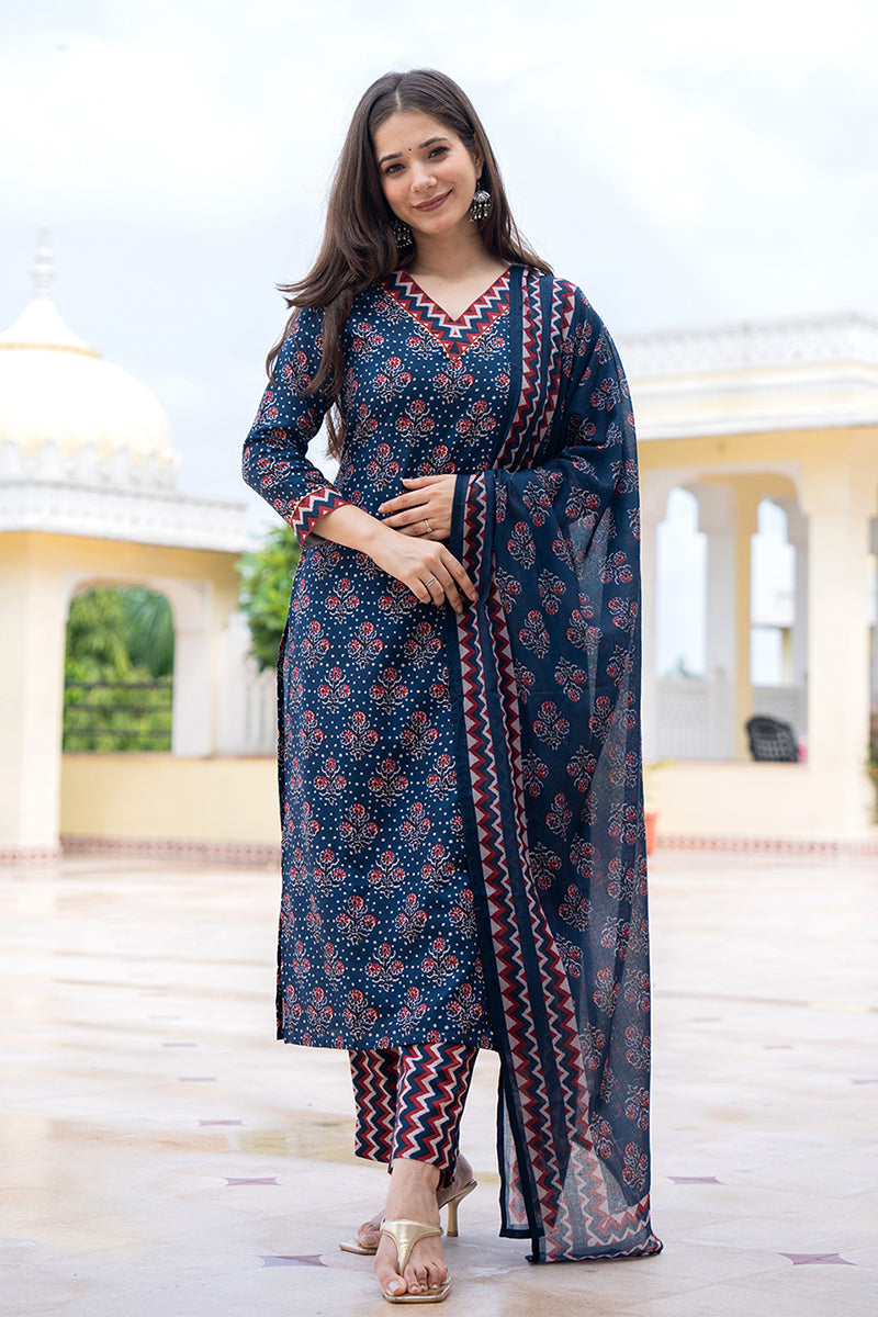 Navy Blue Rayon Blend Floral Printed Straight Trouser Bottom Suit Set | SHOBITAM