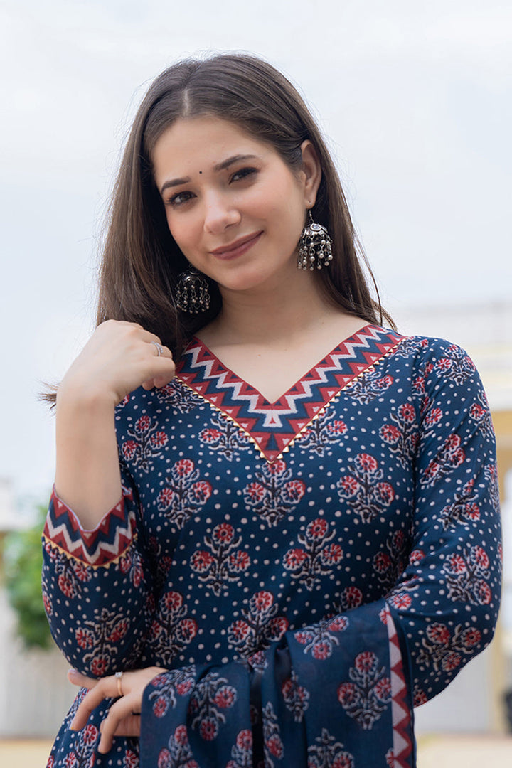 Navy Blue Rayon Blend Floral Printed Straight Trouser Bottom Suit Set | SHOBITAM