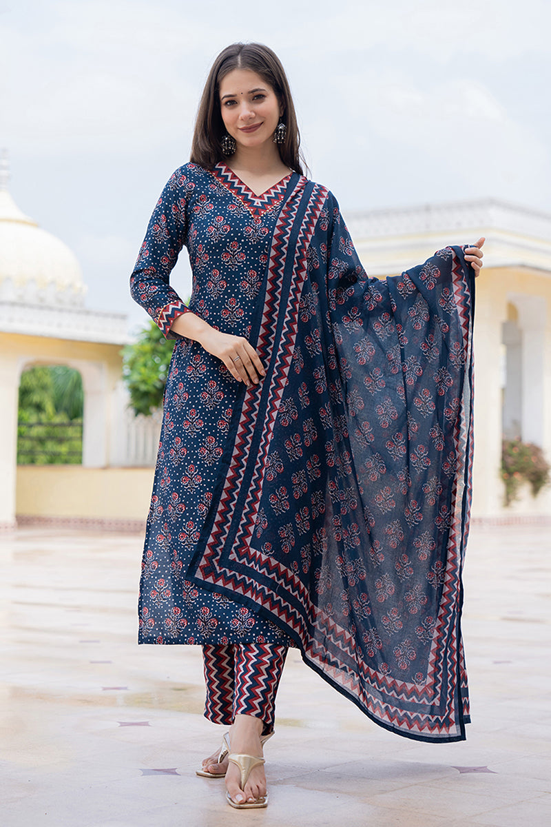 Navy Blue Rayon Blend Floral Printed Straight Trouser Bottom Suit Set | SHOBITAM