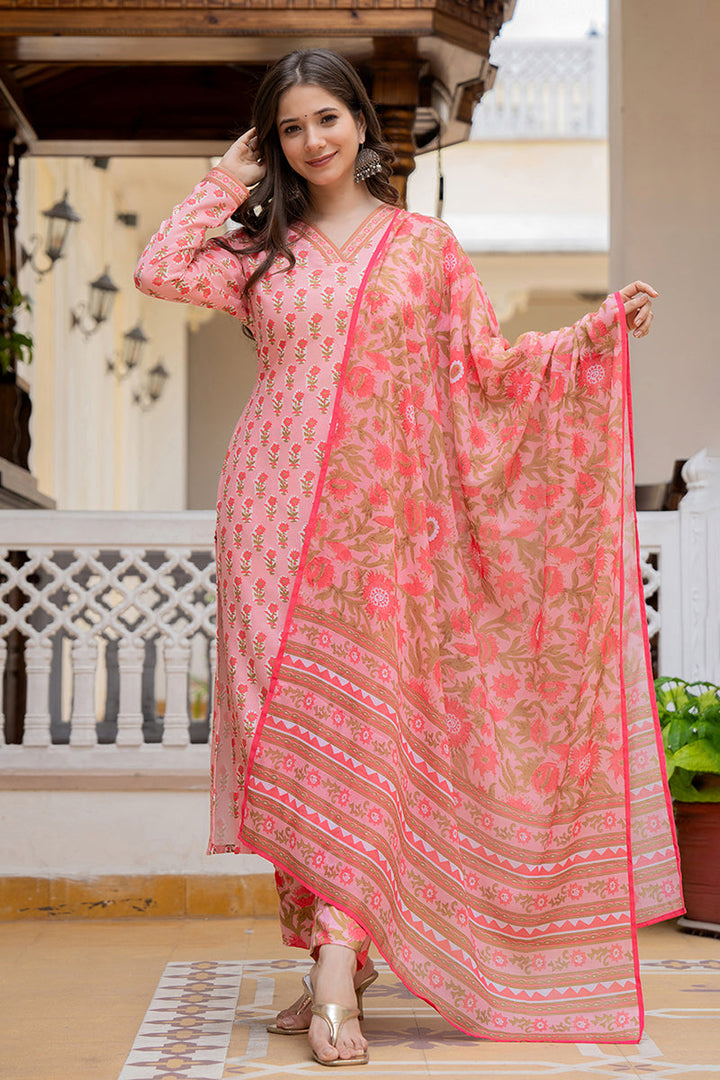 Pink Rayon Blend Floral Printed Straight Trouser Bottom Suit Set | SHOBITAM