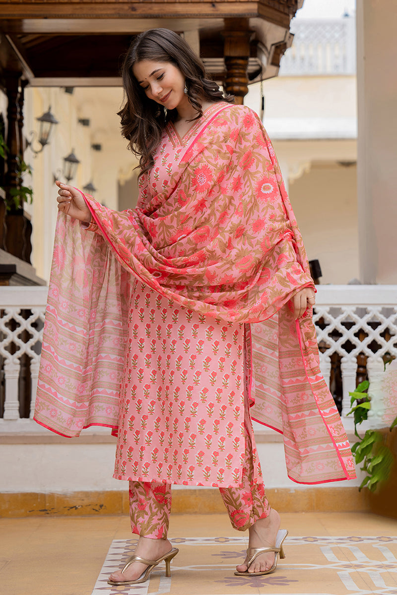 Pink Rayon Blend Floral Printed Straight Trouser Bottom Suit Set | SHOBITAM