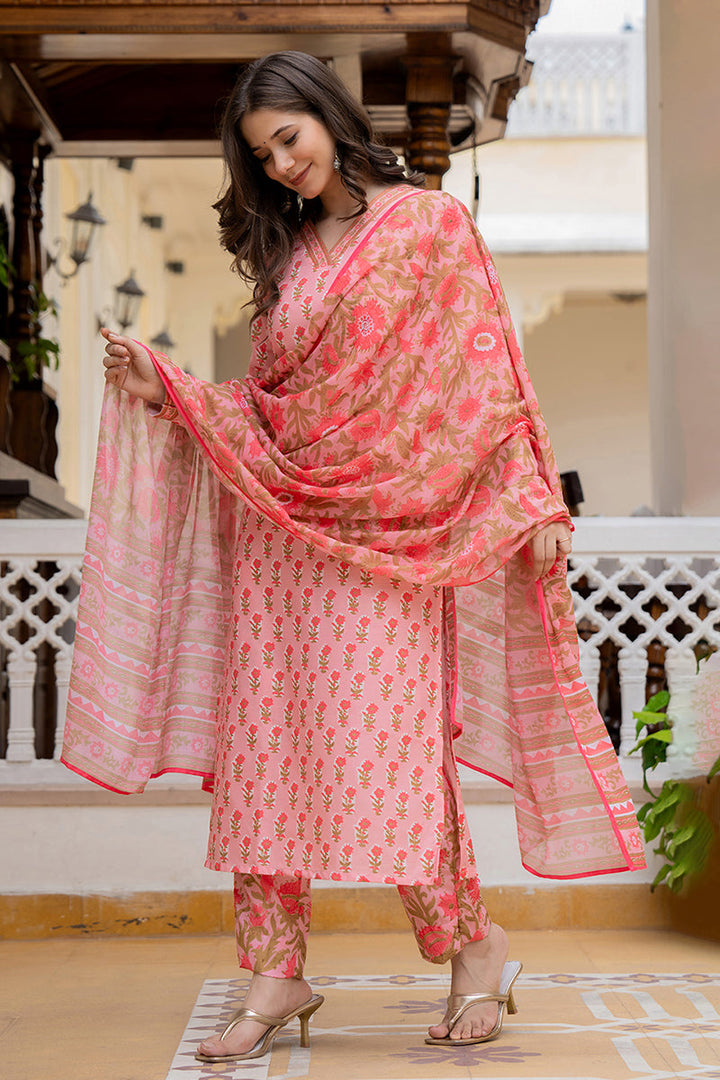 Pink Rayon Blend Floral Printed Straight Trouser Bottom Suit Set | SHOBITAM