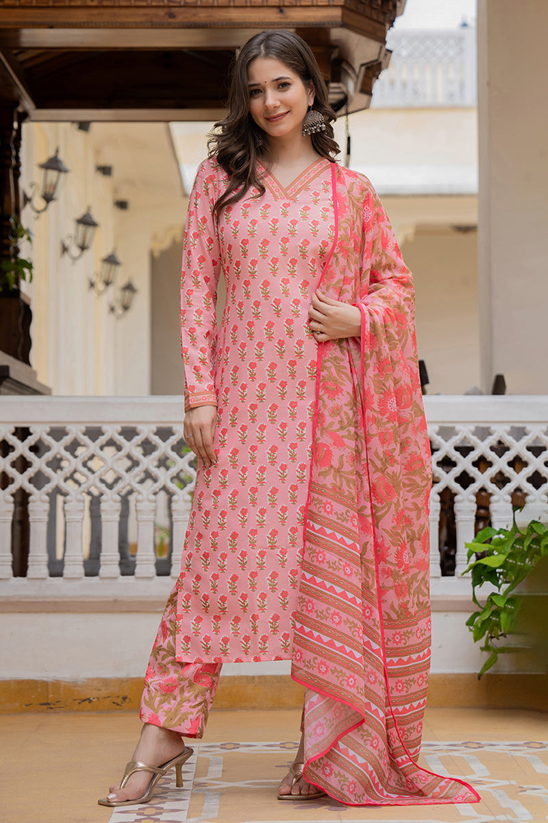 Pink Rayon Blend Floral Printed Straight Trouser Bottom Suit Set | SHOBITAM