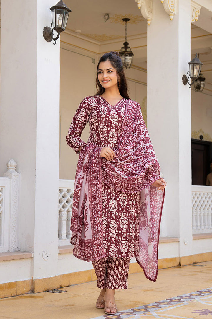 Maroon Rayon Blend Ethnic Motifs Printed Straight Trouser Bottom Suit Set | SHOBITAM
