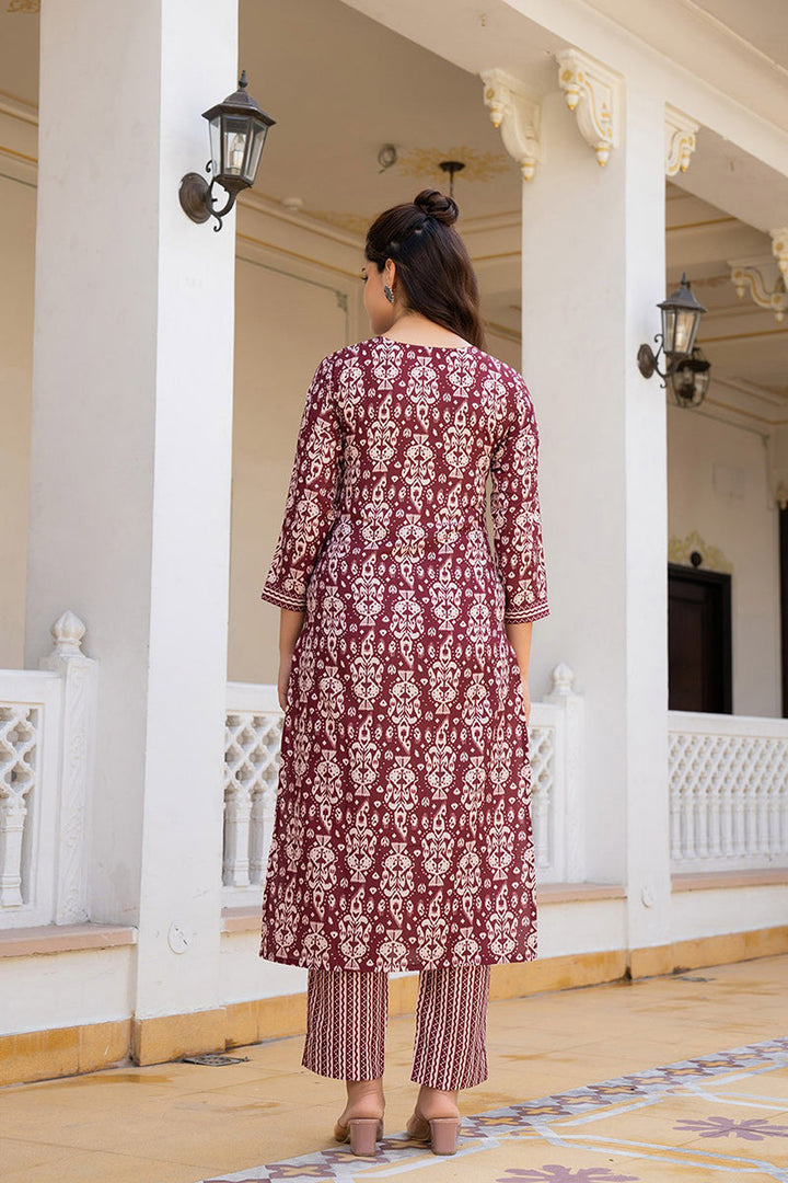 Maroon Rayon Blend Ethnic Motifs Printed Straight Trouser Bottom Suit Set | SHOBITAM