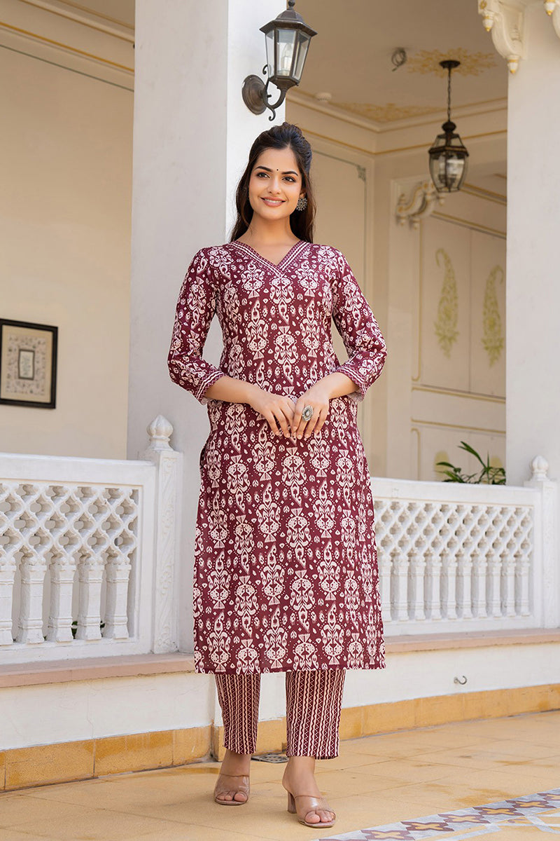 Maroon Rayon Blend Ethnic Motifs Printed Straight Trouser Bottom Suit Set | SHOBITAM