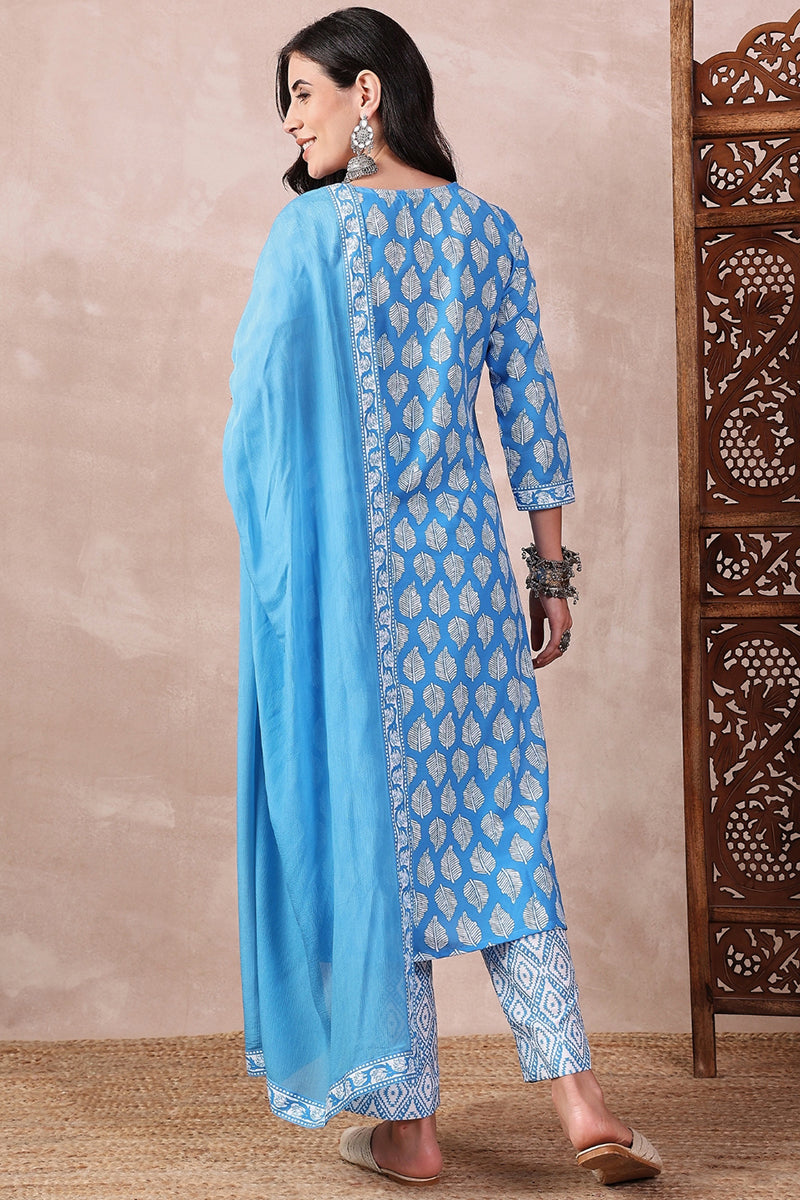 Blue Rayon Blend Floral Printed Straight Trouser Bottom Suit Set | SHOBITAM