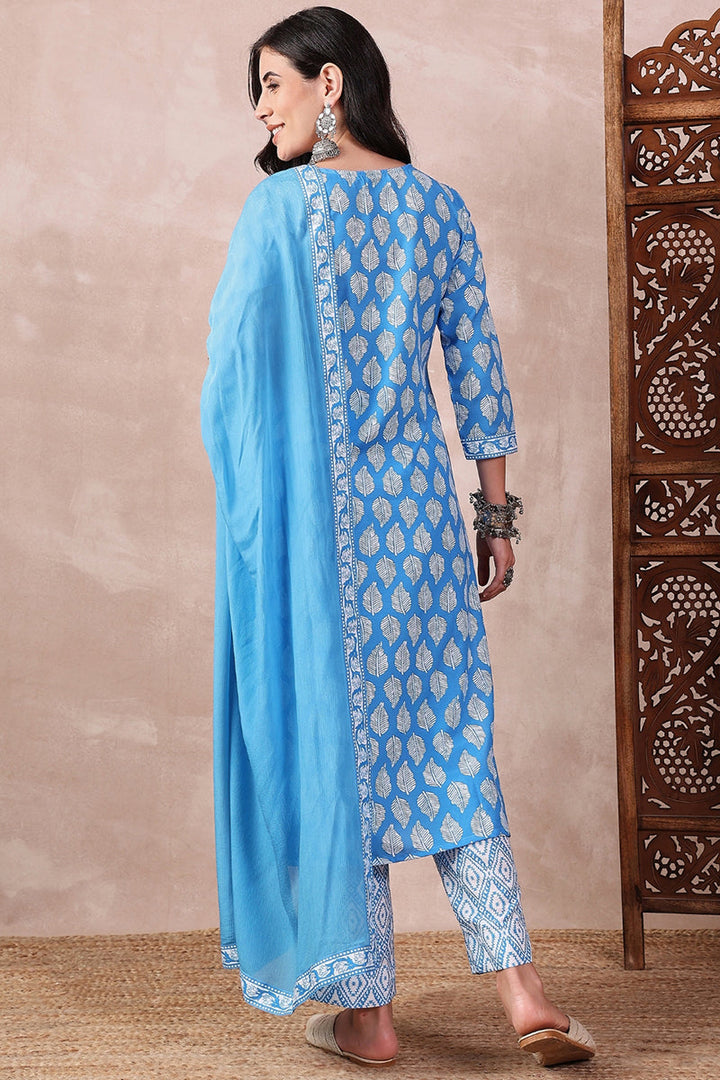 Blue Rayon Blend Floral Printed Straight Trouser Bottom Suit Set | SHOBITAM