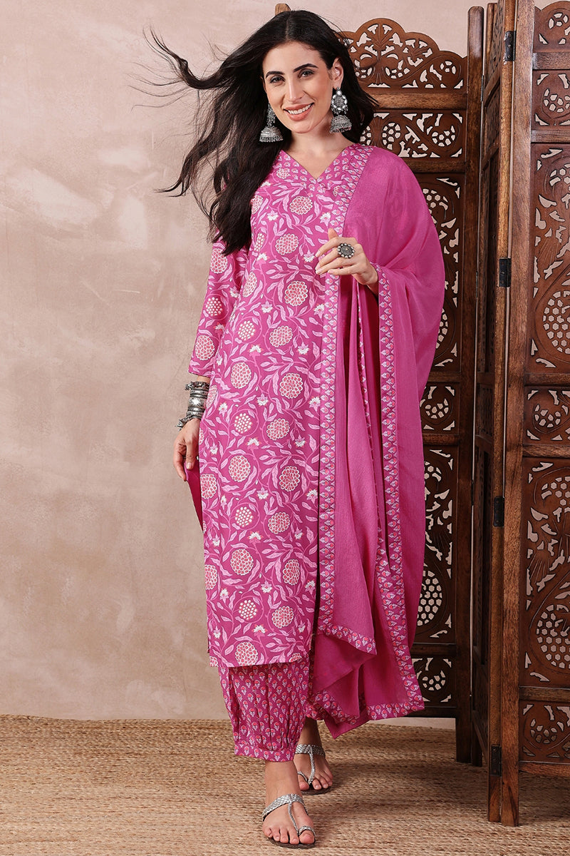 Pink Rayon Blend Floral Printed Straight Salwar Bottom Suit Set | SHOBITAM