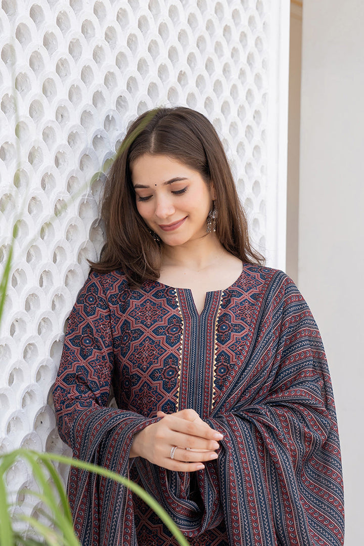 Blue Rayon Blend Ethnic Motifs Printed Straight Trouser Suit Set | SHOBITAM