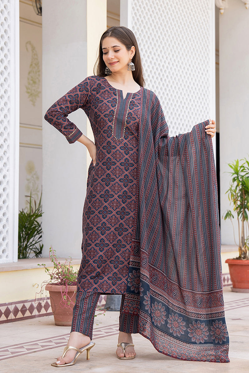 Blue Rayon Blend Ethnic Motifs Printed Straight Trouser Suit Set | SHOBITAM