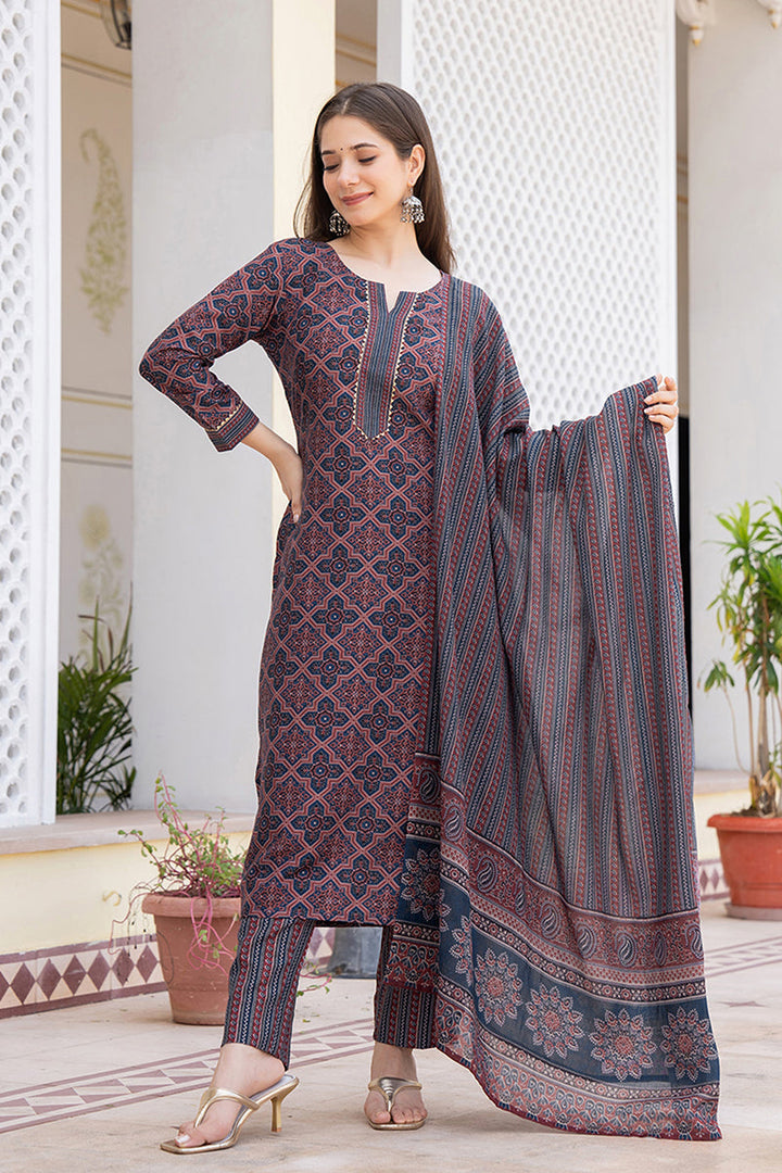 Blue Rayon Blend Ethnic Motifs Printed Straight Trouser Suit Set | SHOBITAM