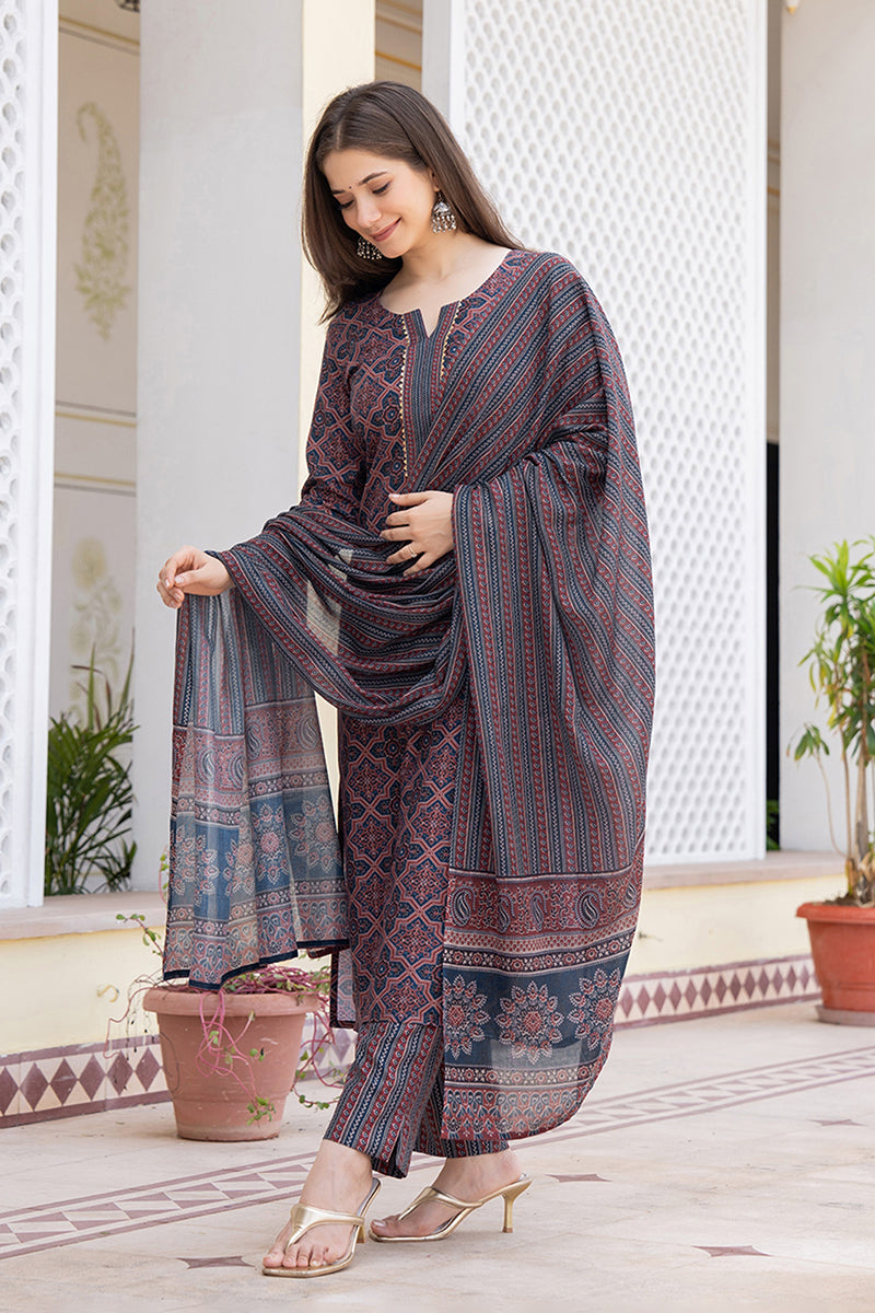 Blue Rayon Blend Ethnic Motifs Printed Straight Trouser Suit Set | SHOBITAM