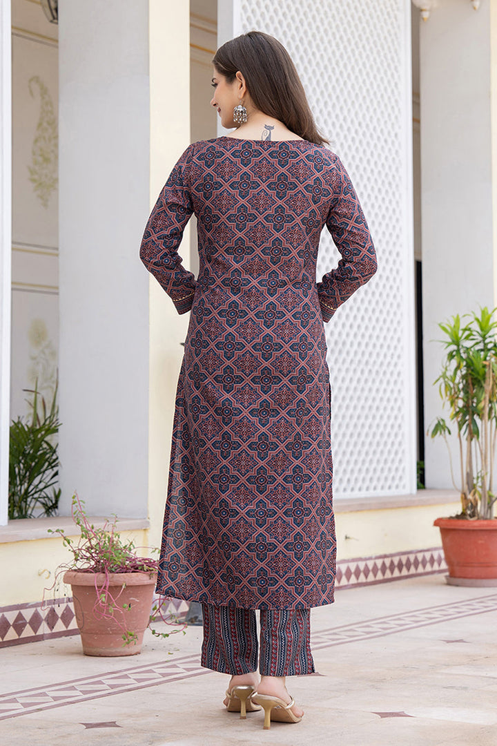 Blue Rayon Blend Ethnic Motifs Printed Straight Trouser Suit Set | SHOBITAM
