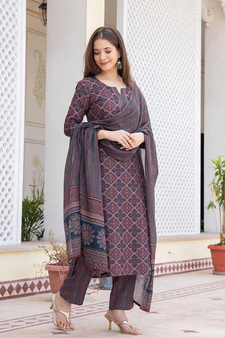 Blue Rayon Blend Ethnic Motifs Printed Straight Trouser Suit Set | SHOBITAM