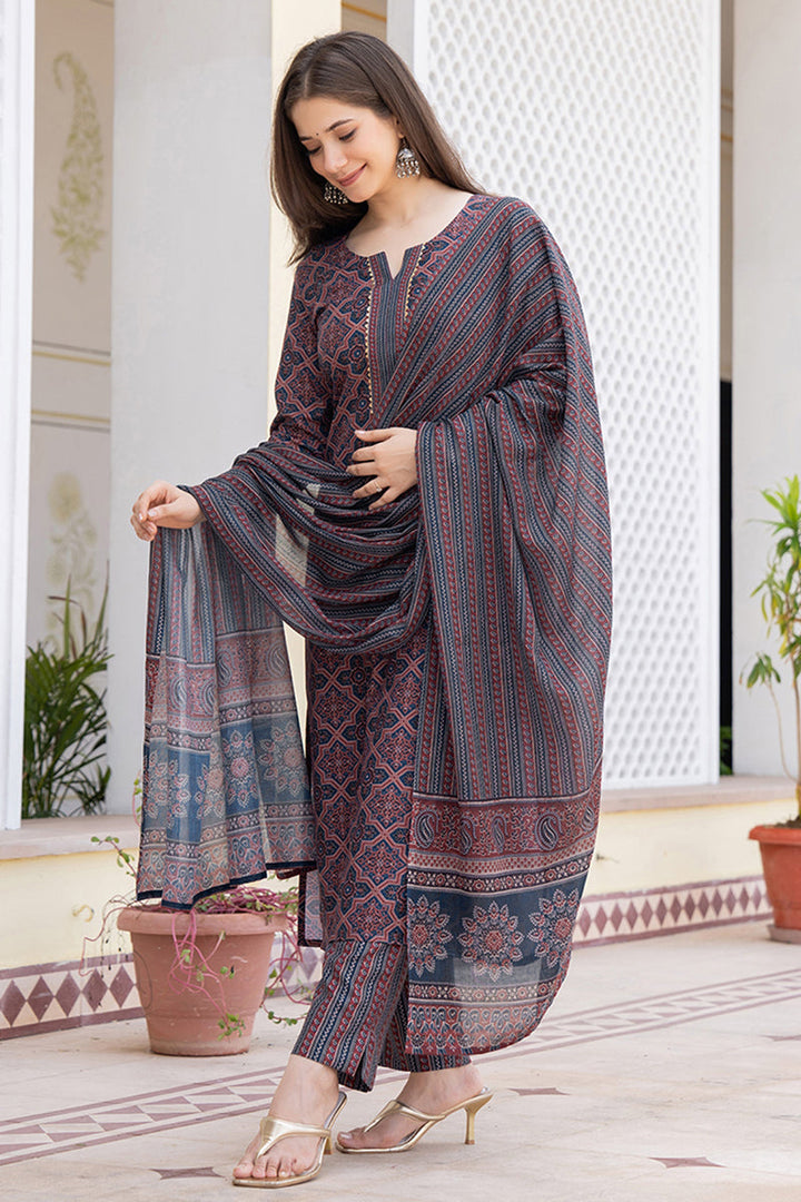 Blue Rayon Blend Ethnic Motifs Printed Straight Trouser Suit Set | SHOBITAM