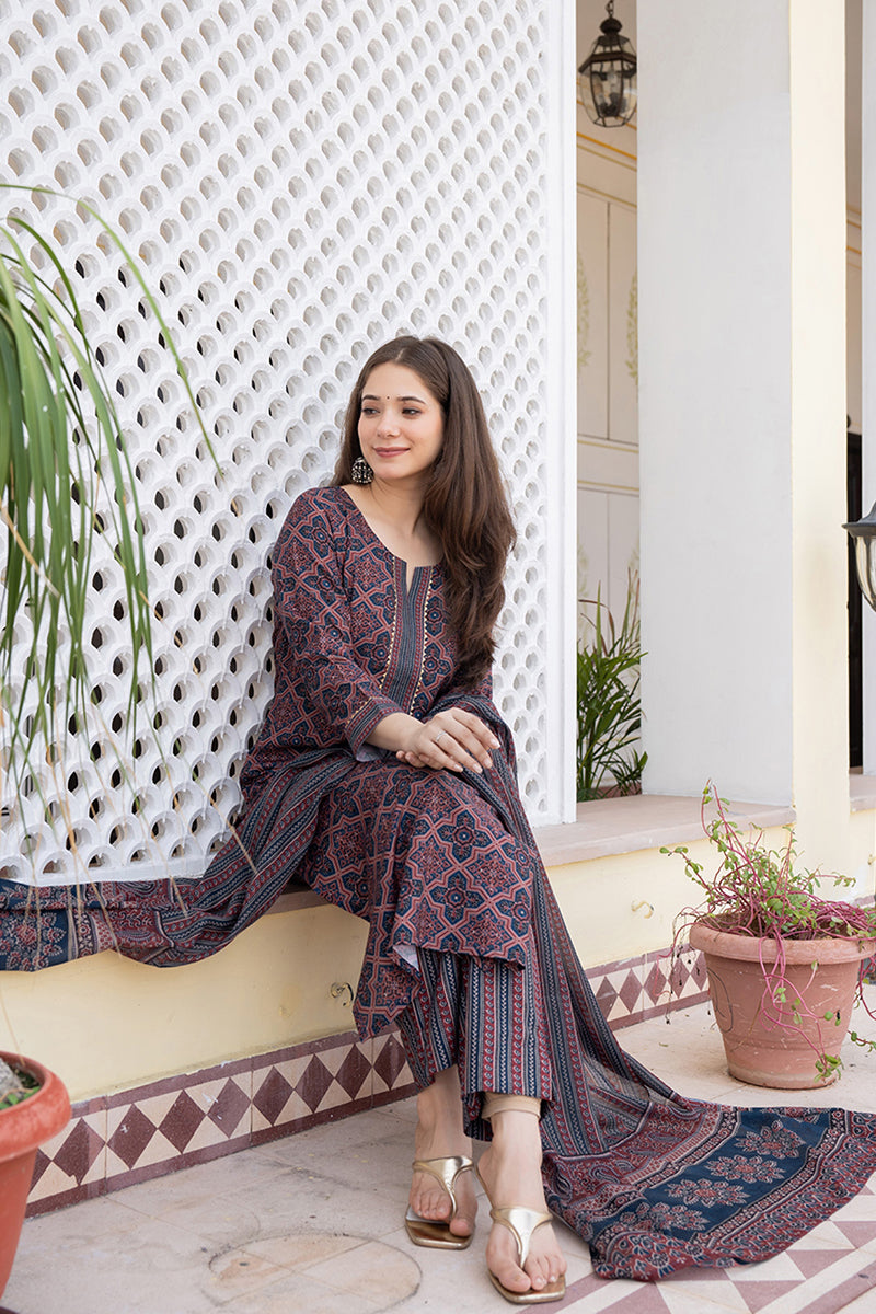 Blue Rayon Blend Ethnic Motifs Printed Straight Trouser Suit Set | SHOBITAM