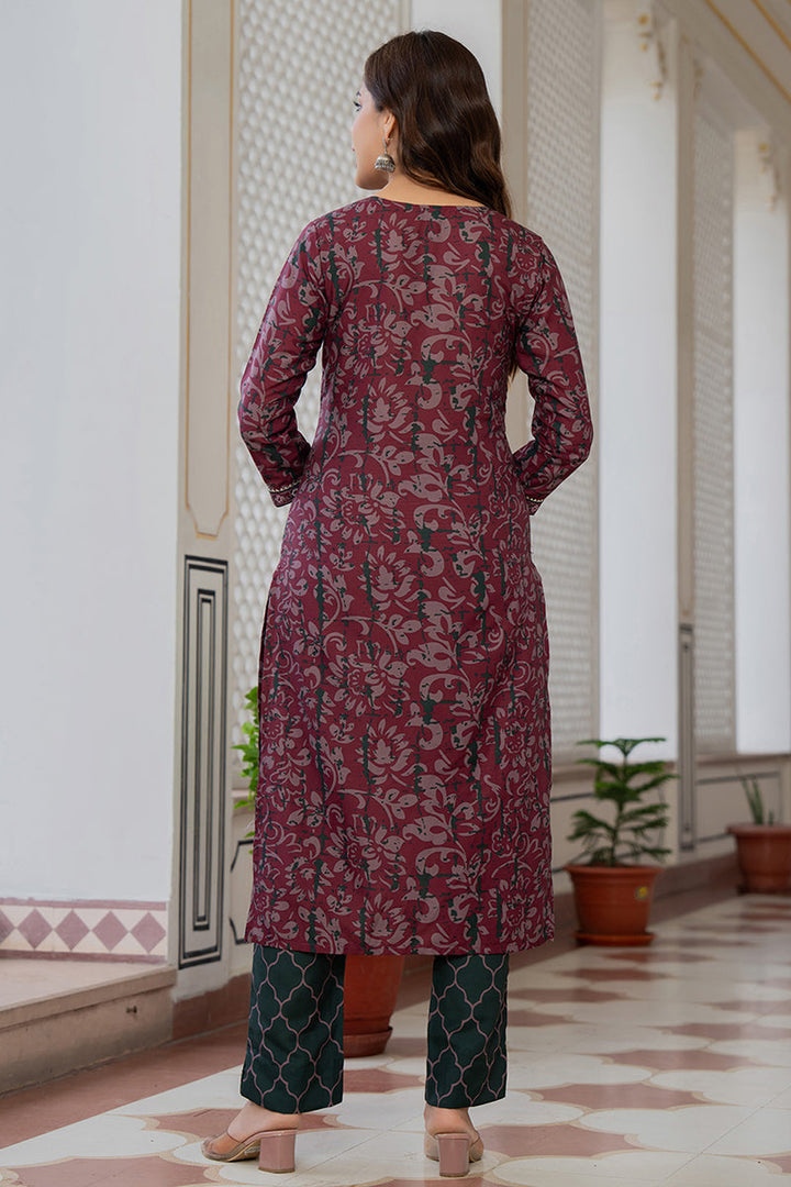 Magenta Rayon Blend Ethnic Motifs Printed Straight Trouser Bottom Suit Set | SHOBITAM
