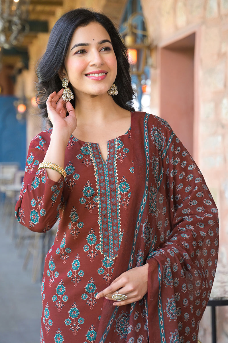 Brown Rayon Blend Floral Printed Straight Trouser Suit Set | SHOBITAM