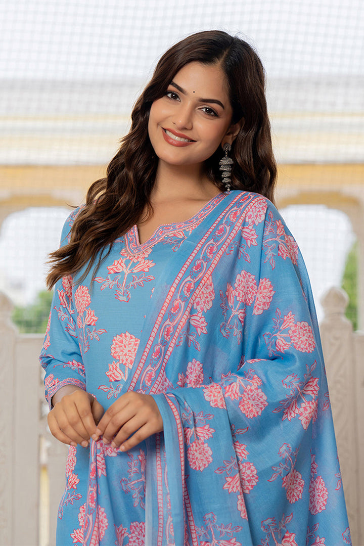 Blue Rayon Blend Floral Printed Straight Trouser Suit Set | SHOBITAM