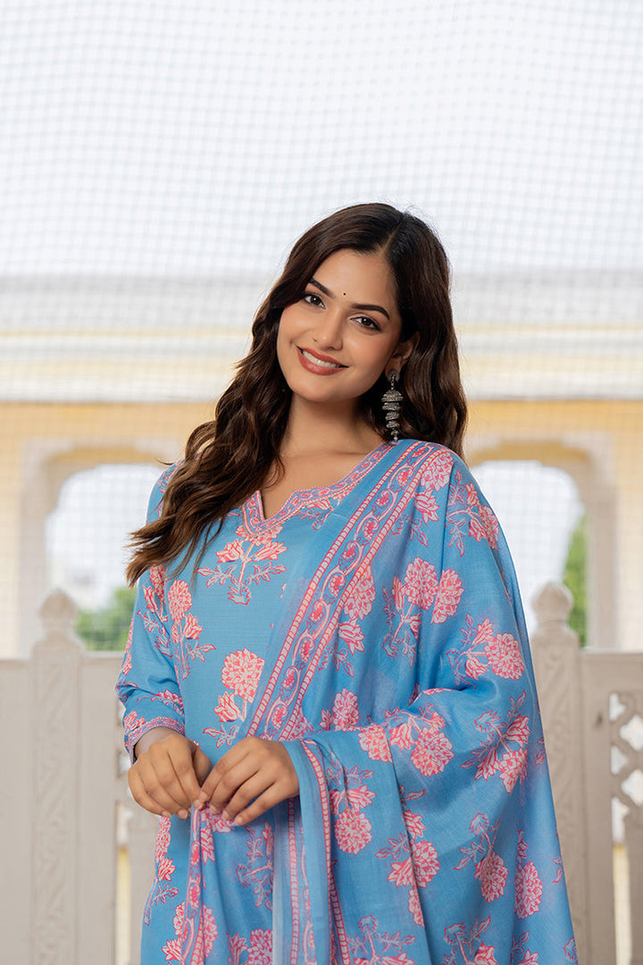 Blue Rayon Blend Floral Printed Straight Trouser Suit Set | SHOBITAM
