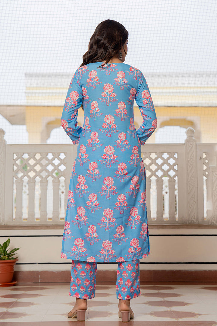 Blue Rayon Blend Floral Printed Straight Trouser Suit Set | SHOBITAM
