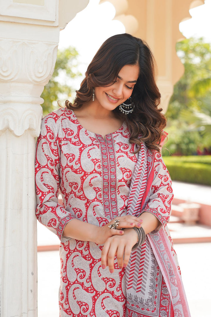Red Rayon Blend Paisley Printed Straight Suit Set With Trouser Bottom | SHOBITAM