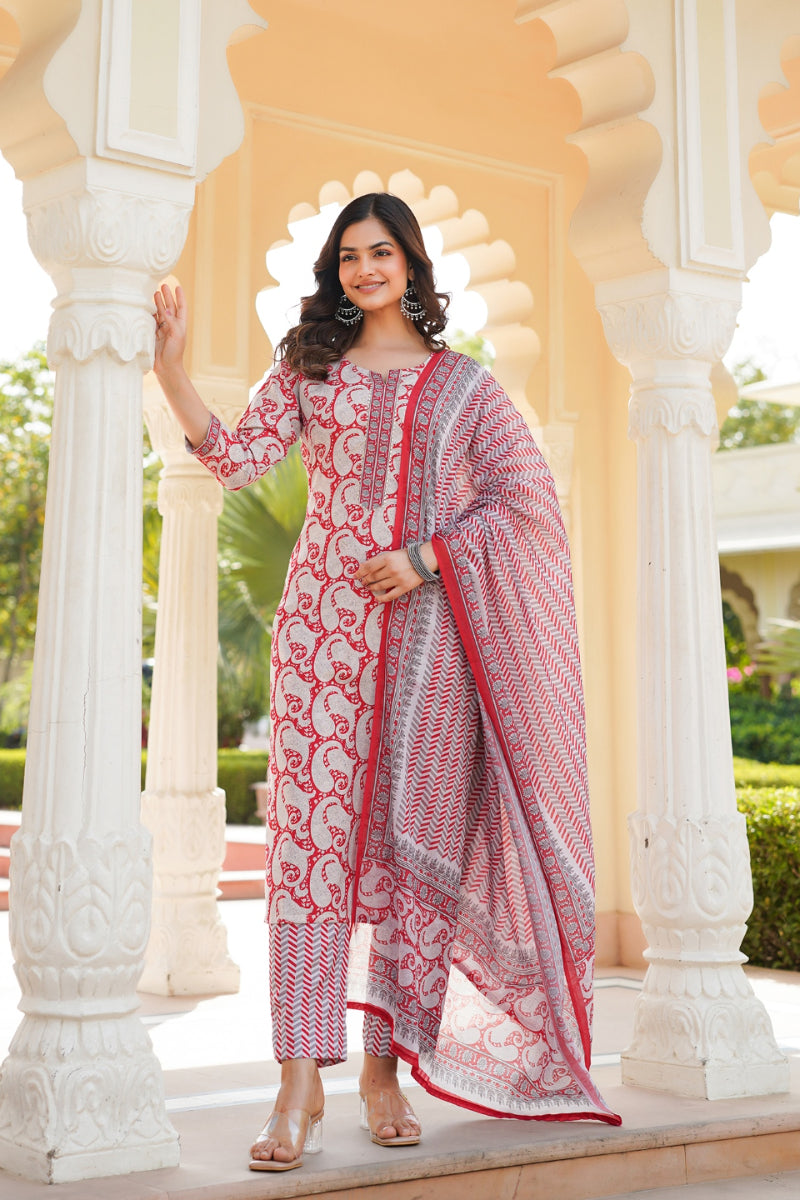 Red Rayon Blend Paisley Printed Straight Suit Set With Trouser Bottom | SHOBITAM