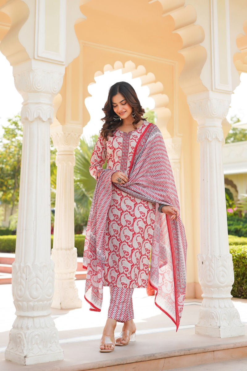 Red Rayon Blend Paisley Printed Straight Suit Set With Trouser Bottom | SHOBITAM