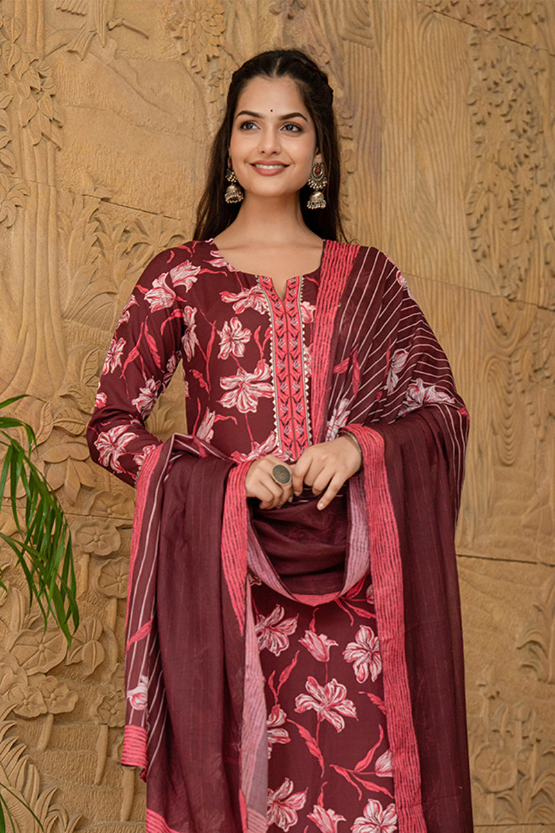 Maroon Rayon Blend Floral Printed Straight Trouser Suit Set | SHOBITAM